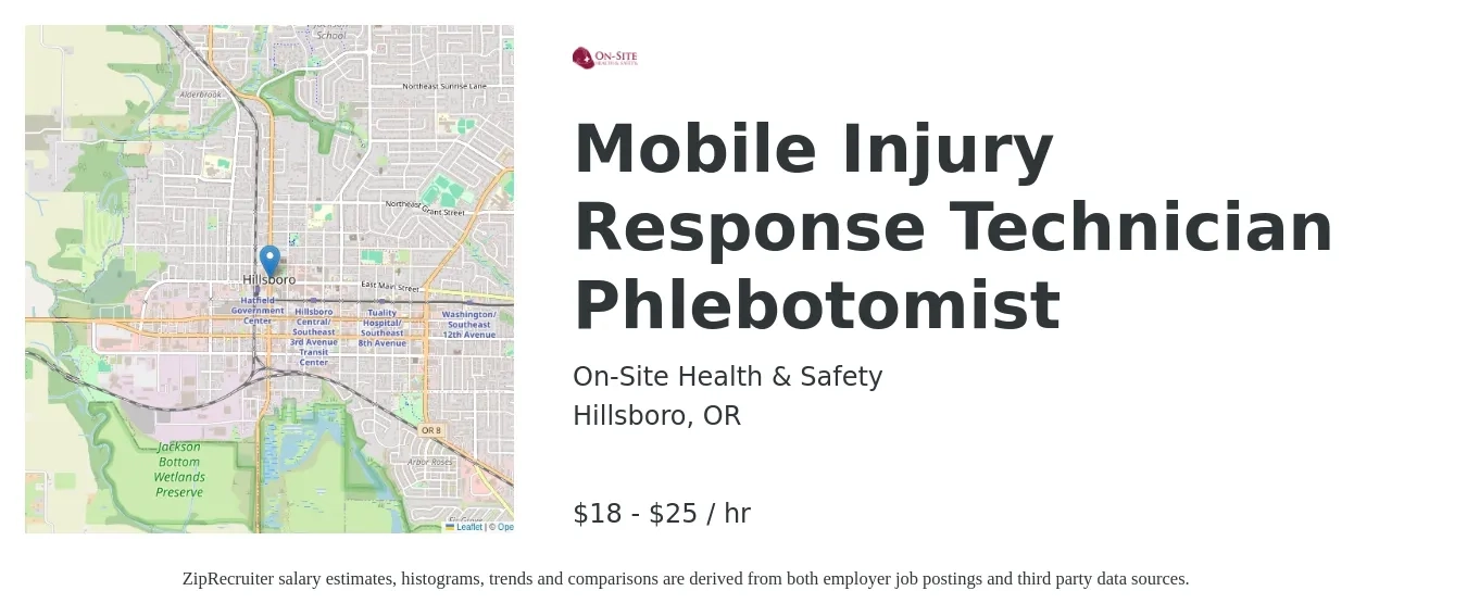 On-Site Health & Safety job posting for a Mobile Injury Response Technician Phlebotomist in Hillsboro, OR with a salary of $19 to $26 Hourly with a map of Hillsboro location.