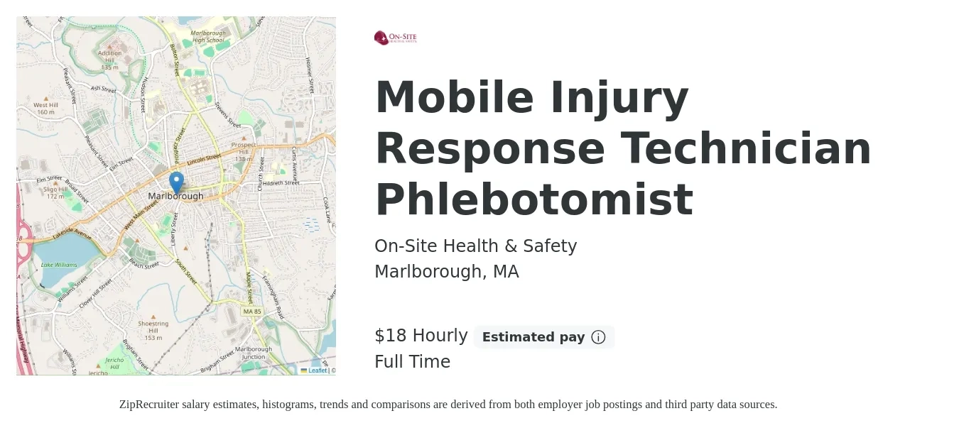 On-Site Health & Safety job posting for a Mobile Injury Response Technician Phlebotomist in Marlborough, MA with a salary of $19 Hourly with a map of Marlborough location.