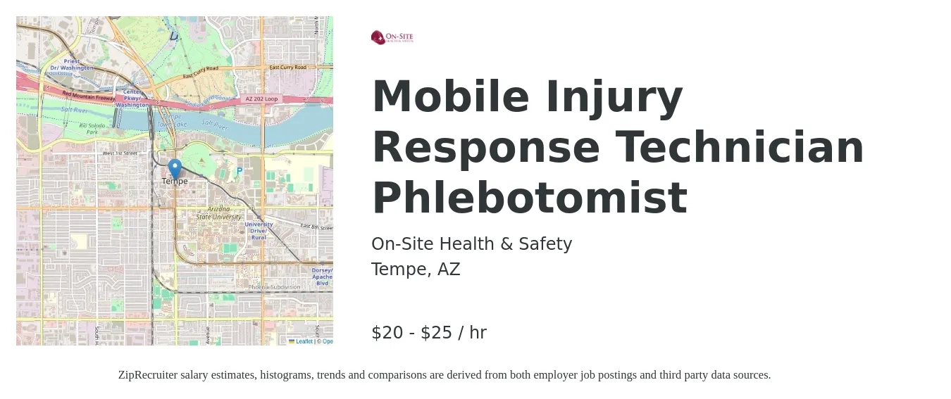 On-Site Health & Safety job posting for a Mobile Injury Response Technician Phlebotomist in Tempe, AZ with a salary of $21 to $26 Hourly with a map of Tempe location.