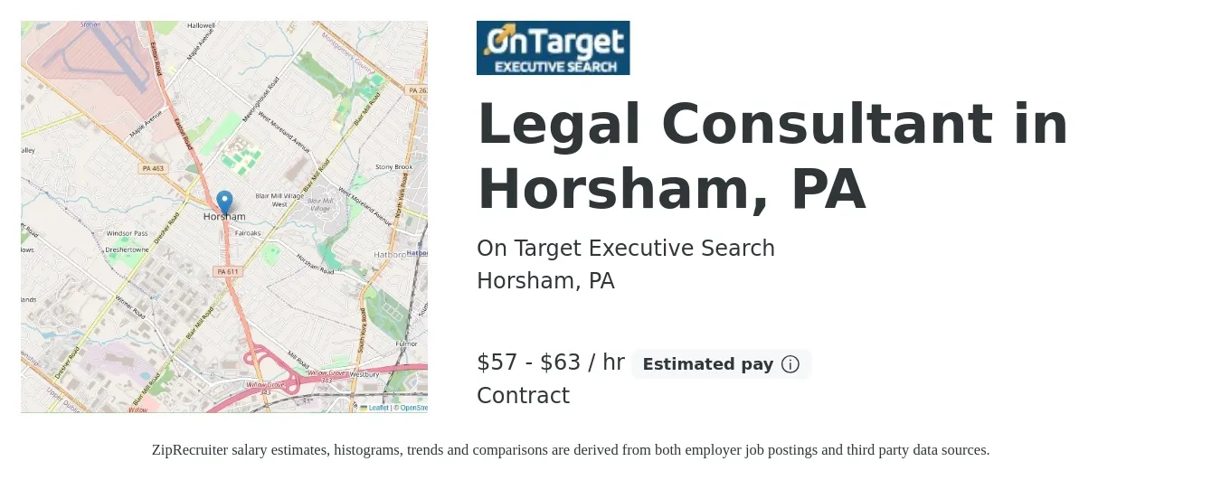 On Target Executive Search job posting for a Legal Consultant in Horsham, PA in Horsham, PA with a salary of $60 to $66 Hourly with a map of Horsham location.