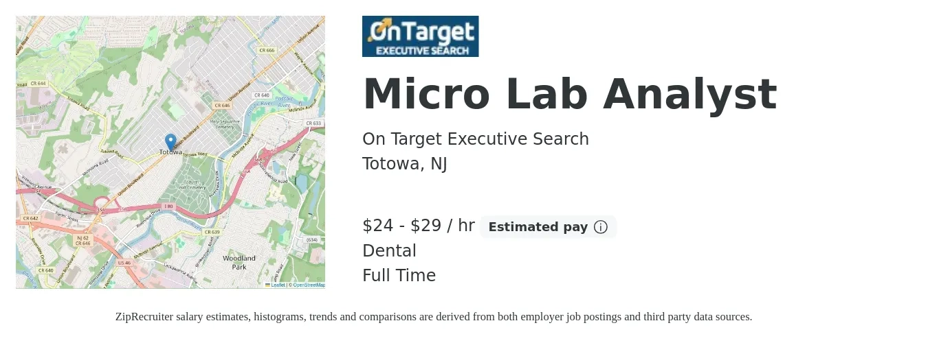 On Target Executive Search job posting for a Micro Lab Analyst in Totowa, NJ with a salary of $25 to $31 Hourly and benefits including dental with a map of Totowa location.
