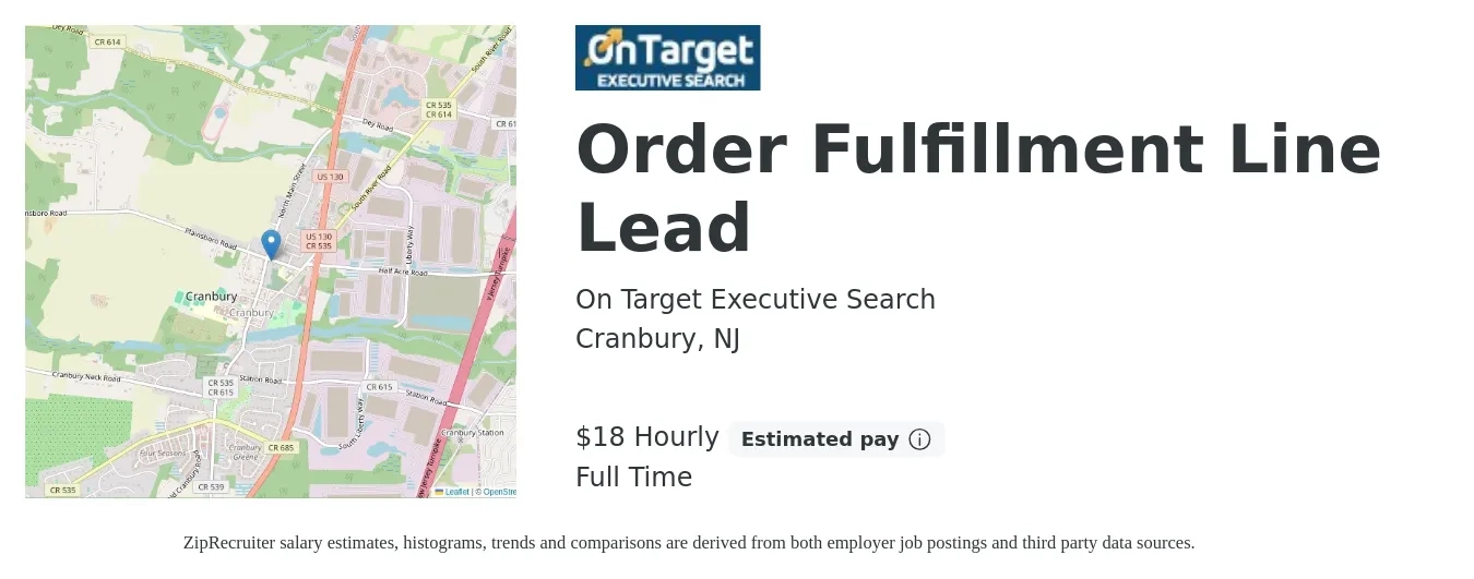 On Target Executive Search job posting for a Order Fulfillment Line Lead in Cranbury, NJ with a salary of $20 Hourly and benefits including pto with a map of Cranbury location.