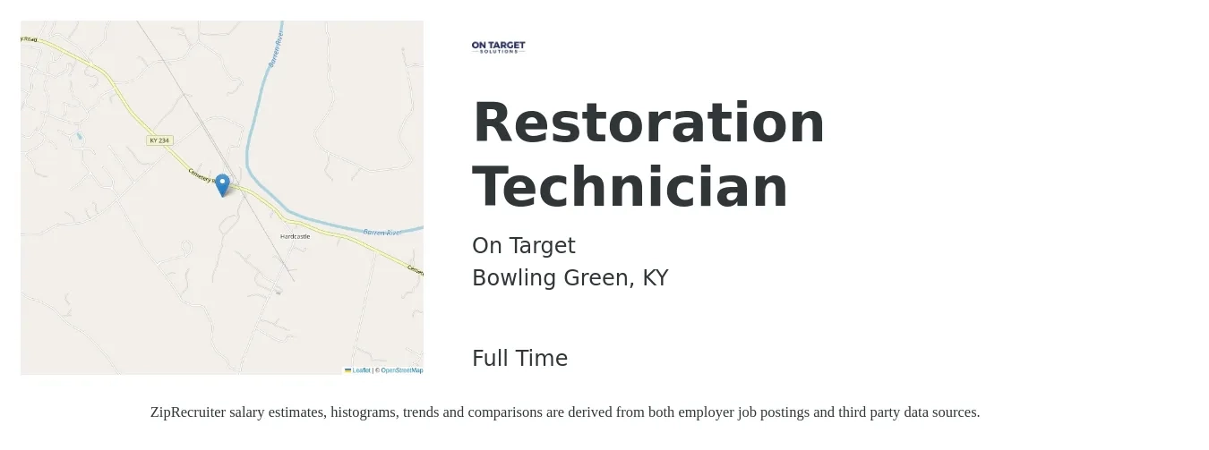On Target job posting for a Restoration Technician in Bowling Green, KY with a salary of $15 Hourly with a map of Bowling Green location.