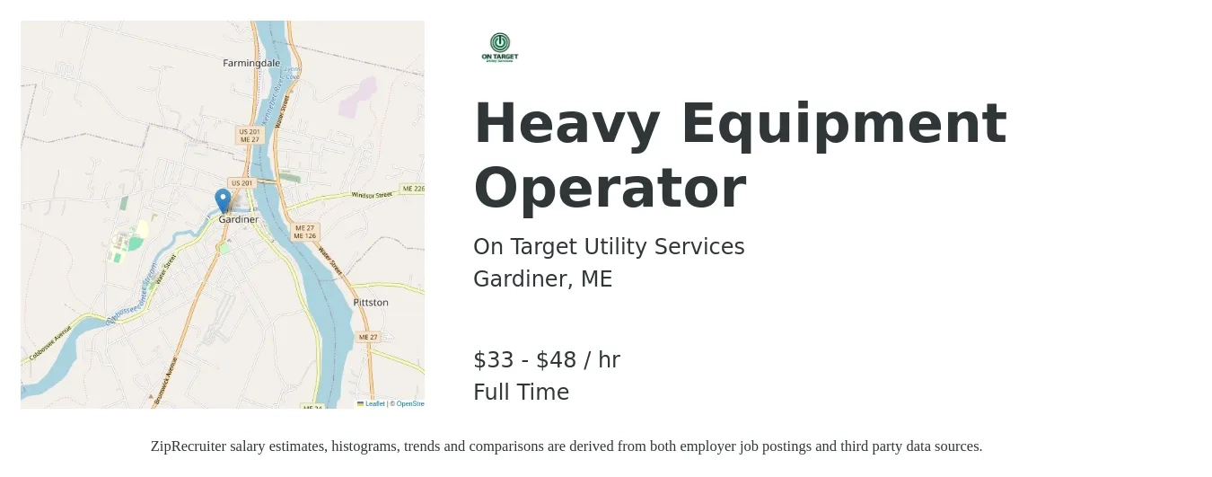 On Target Utility Services job posting for a Heavy Equipment Operator in Gardiner, ME with a salary of $35 to $50 Hourly with a map of Gardiner location.