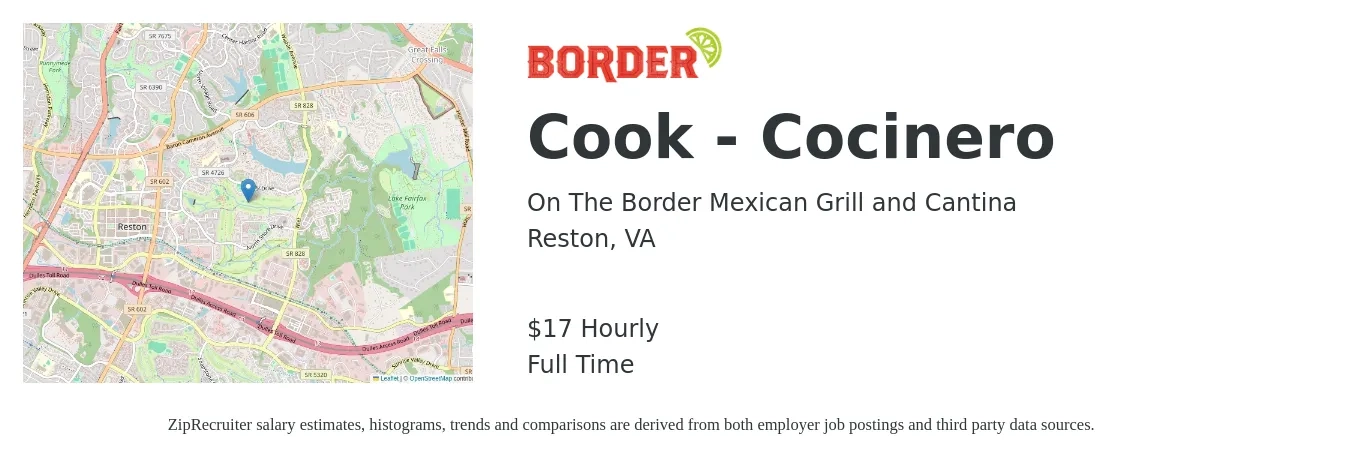 On The Border Mexican Grill and Cantina job posting for a Cook - Cocinero in Reston, VA with a salary of $18 Hourly with a map of Reston location.