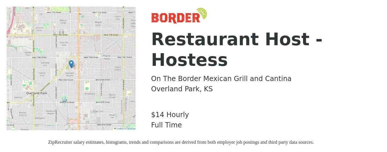 On The Border Mexican Grill and Cantina job posting for a Restaurant Host - Hostess in Overland Park, KS with a salary of $15 Hourly with a map of Overland Park location.