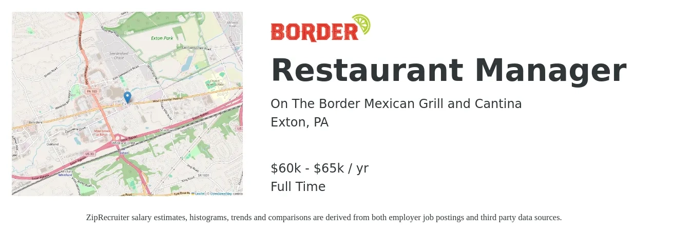 On The Border Mexican Grill and Cantina job posting for a Restaurant Manager in Exton, PA with a salary of $60,000 to $65,000 Yearly with a map of Exton location.