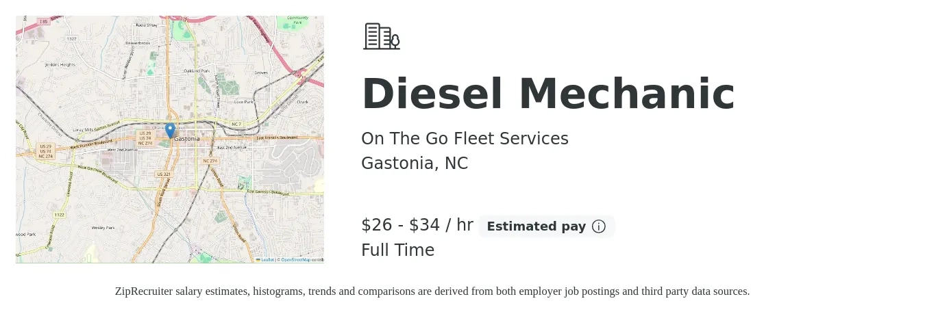 On The Go Fleet Services job posting for a Diesel Mechanic in Gastonia, NC with a salary of $28 to $36 Hourly with a map of Gastonia location.