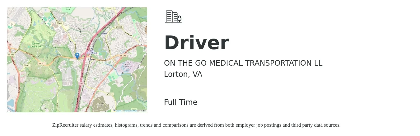 ON THE GO MEDICAL TRANSPORTATION LL job posting for a Driver in Lorton, VA with a salary of $100 to $150 Daily with a map of Lorton location.