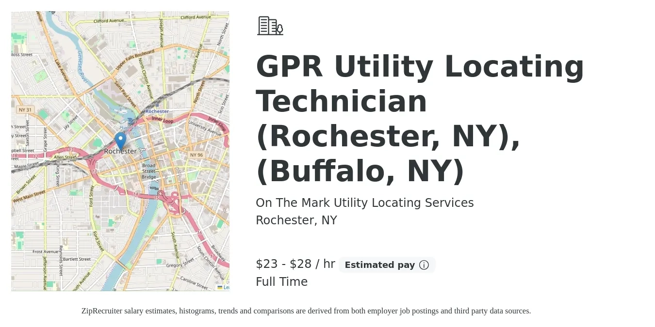 On The Mark Utility Locating Services job posting for a GPR Utility Locating Technician (Rochester, NY),(Buffalo, NY) in Rochester, NY with a salary of $24 to $30 Hourly with a map of Rochester location.