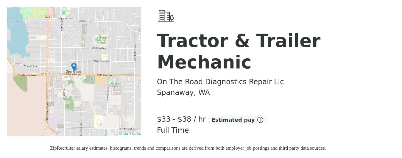 On The Road Diagnostics Repair Llc job posting for a Tractor & Trailer Mechanic in Spanaway, WA with a salary of $35 to $40 Hourly with a map of Spanaway location.