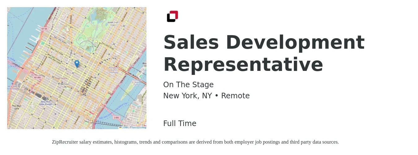 On The Stage job posting for a Sales Development Representative in New York, NY with a salary of $46,100 to $67,000 Yearly with a map of New York location.