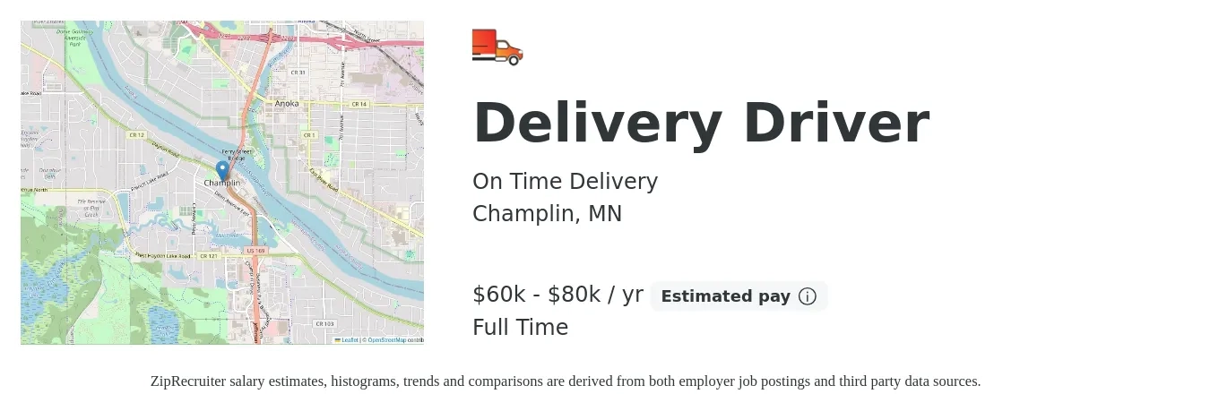On Time Delivery job posting for a Delivery Driver in Champlin, MN with a salary of $60,000 to $80,000 Yearly with a map of Champlin location.