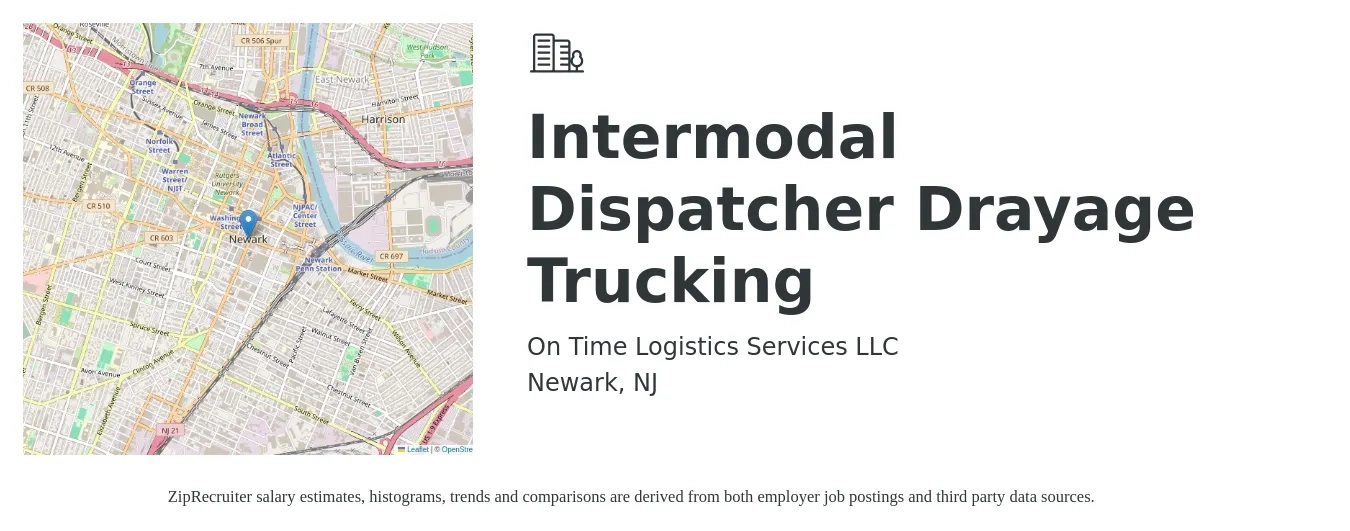 On Time Logistics Services LLC job posting for a Intermodal Dispatcher / Drayage Trucking in Newark, NJ with a salary of $1,000 to $1,350 Weekly with a map of Newark location.