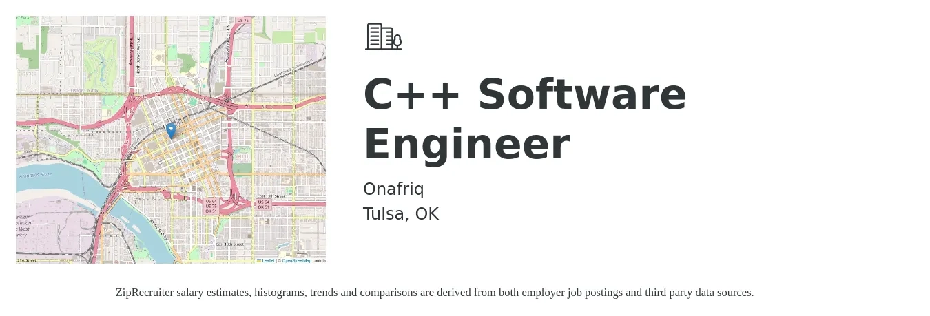 Onafriq job posting for a C++ Software Engineer in Tulsa, OK with a salary of $84,400 to $124,500 Yearly with a map of Tulsa location.