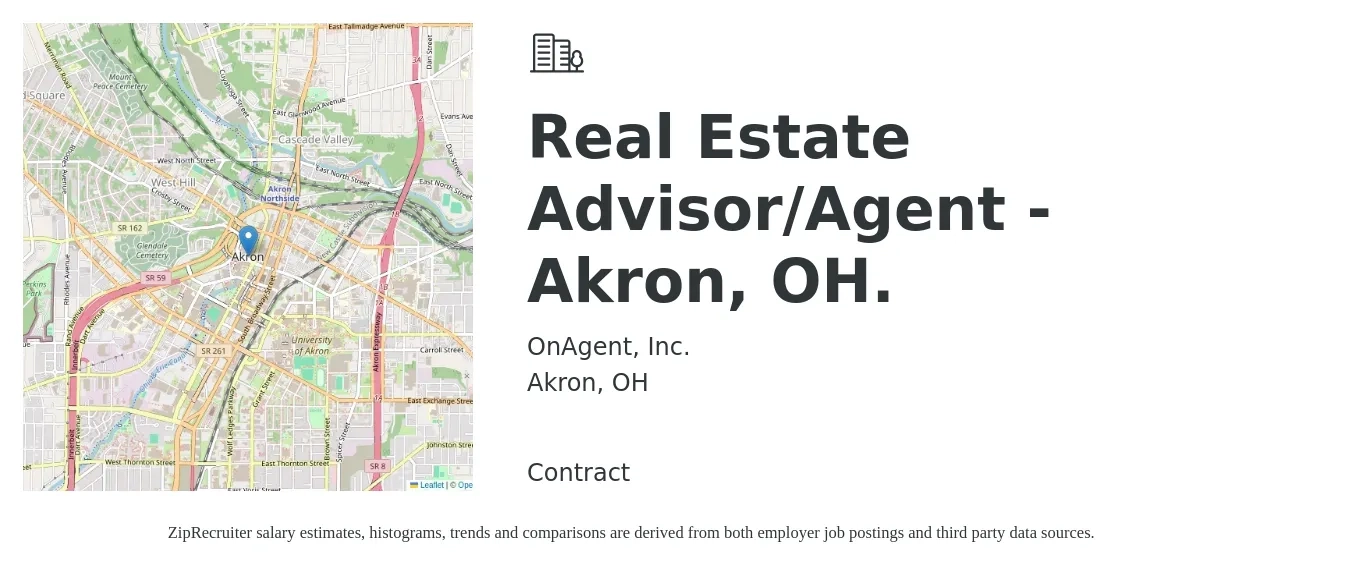 OnAgent, Inc. job posting for a Real Estate Advisor/Agent - Akron, OH. in Akron, OH with a salary of $57,400 to $95,700 Yearly with a map of Akron location.