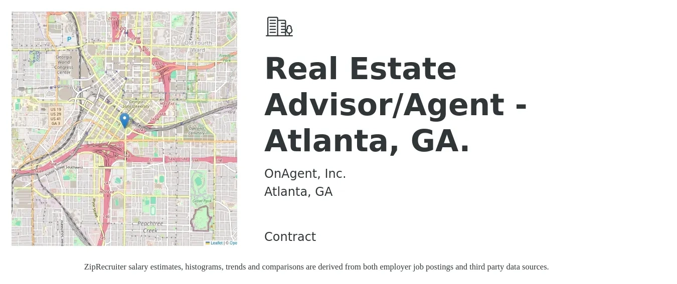 OnAgent, Inc. job posting for a Real Estate Advisor/Agent - Atlanta, GA. in Atlanta, GA with a salary of $80,400 to $107,900 Yearly with a map of Atlanta location.