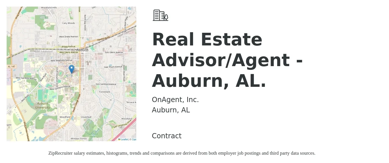 OnAgent, Inc. job posting for a Real Estate Advisor/Agent - Auburn, AL. in Auburn, AL with a salary of $51,500 to $85,900 Yearly with a map of Auburn location.
