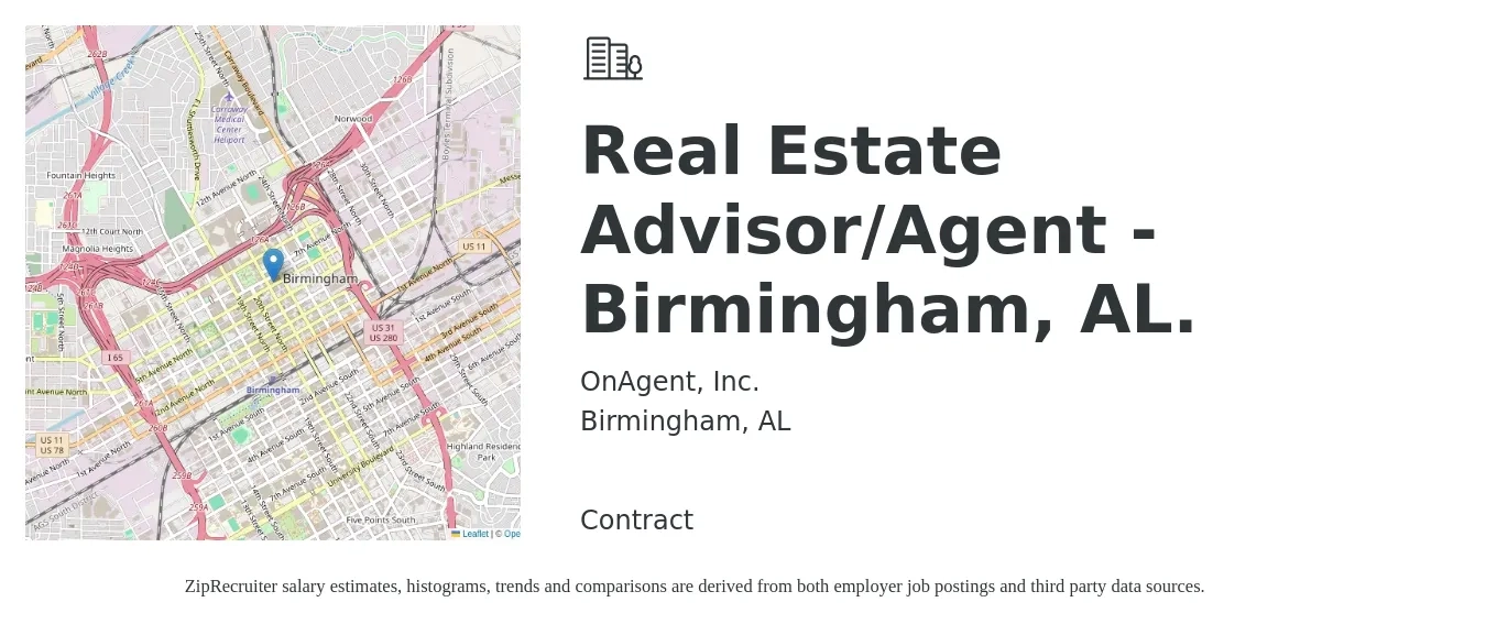 OnAgent, Inc. job posting for a Real Estate Advisor/Agent - Birmingham, AL. in Birmingham, AL with a salary of $56,200 to $93,700 Yearly with a map of Birmingham location.