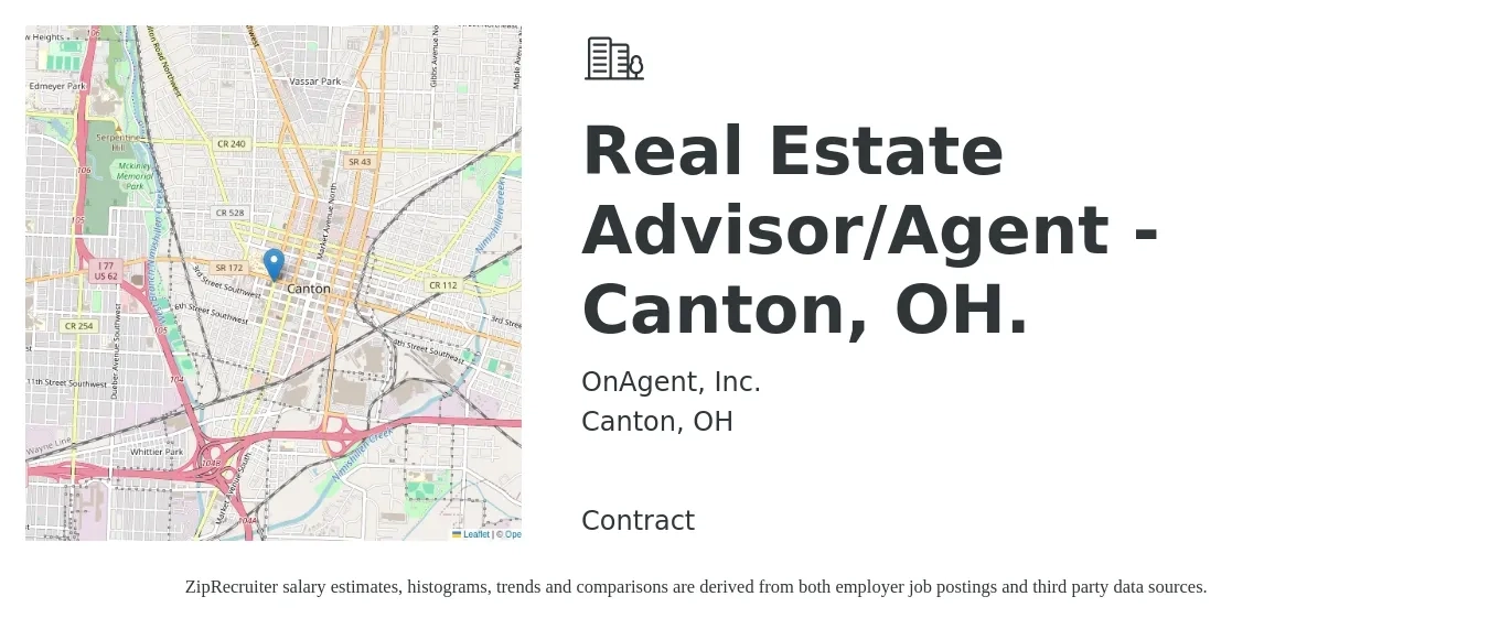 OnAgent, Inc. job posting for a Real Estate Advisor/Agent - Canton, OH. in Canton, OH with a salary of $56,100 to $93,400 Yearly with a map of Canton location.