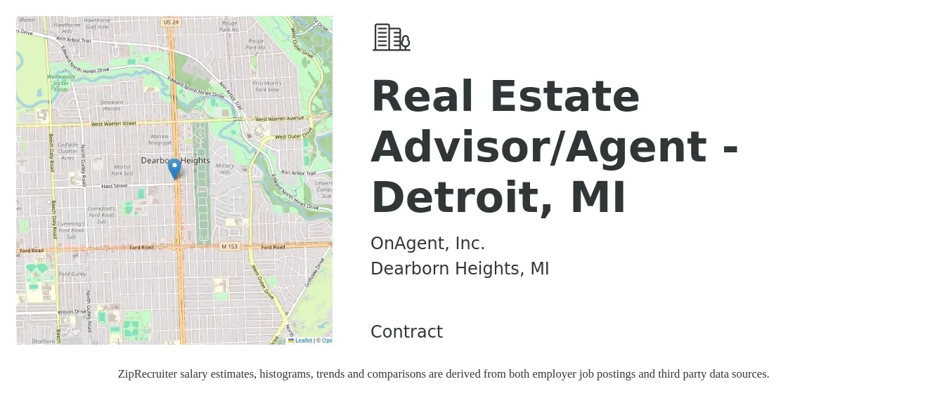 OnAgent, Inc. job posting for a Real Estate Advisor/Agent - Detroit, MI in Dearborn Heights, MI with a salary of $55,300 to $92,200 Yearly with a map of Dearborn Heights location.