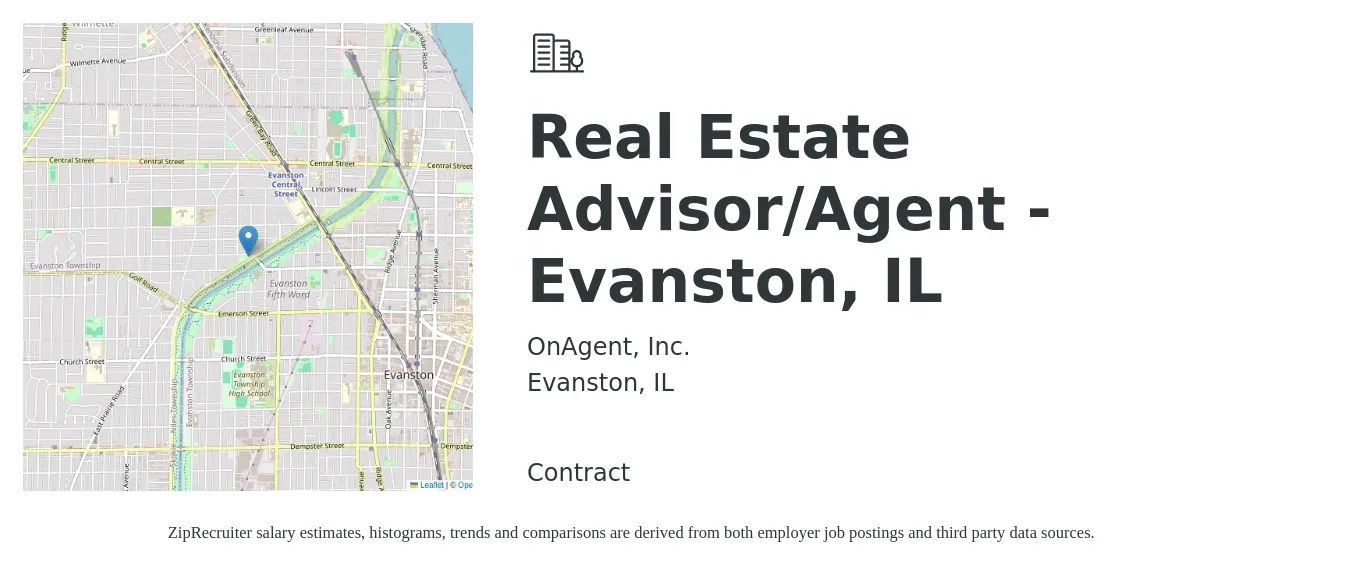 OnAgent, Inc. job posting for a Real Estate Advisor/Agent - Evanston, IL in Evanston, IL with a salary of $57,800 to $96,300 Yearly with a map of Evanston location.