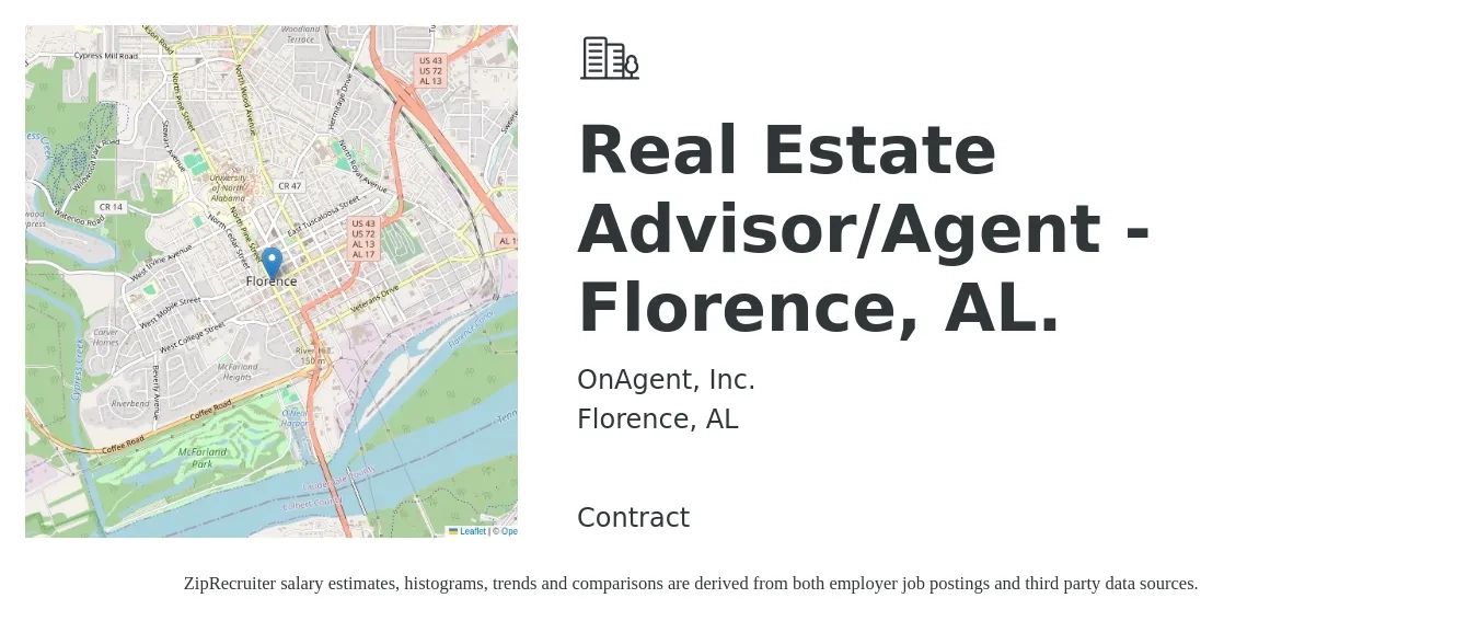 OnAgent, Inc. job posting for a Real Estate Advisor/Agent - Florence, AL. in Florence, AL with a salary of $53,900 to $89,800 Yearly with a map of Florence location.