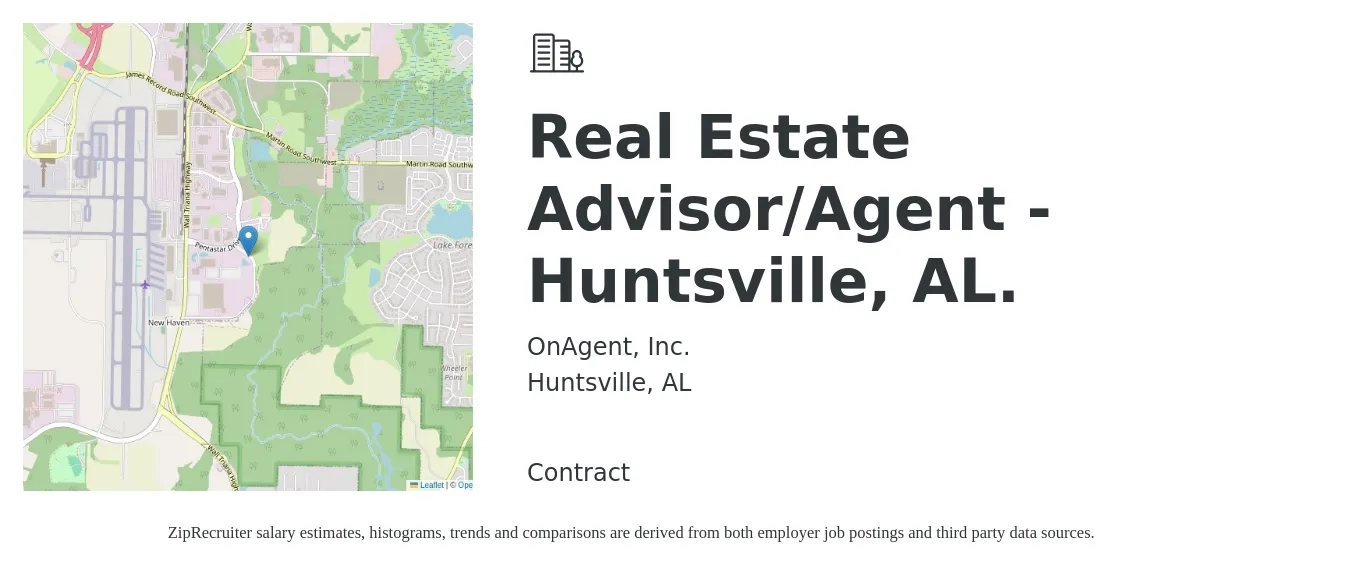 OnAgent, Inc. job posting for a Real Estate Advisor/Agent - Huntsville, AL. in Huntsville, AL with a salary of $59,500 to $99,100 Yearly with a map of Huntsville location.