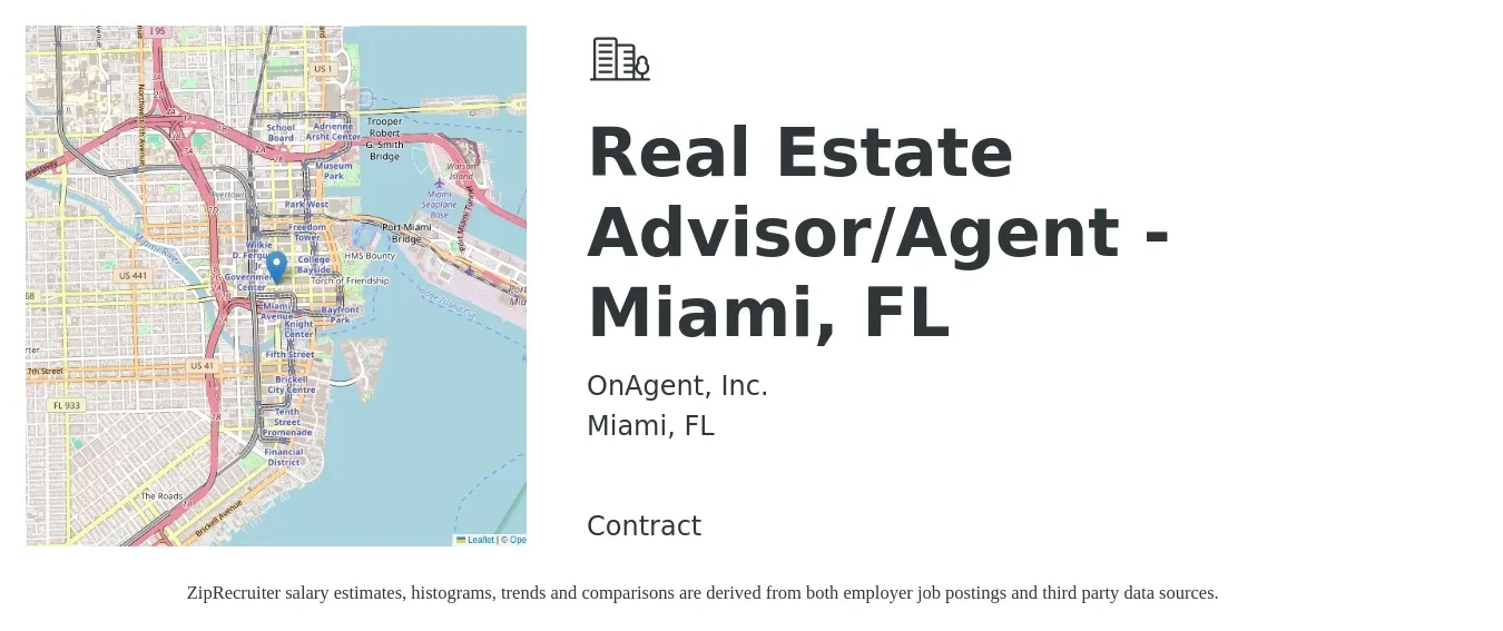 OnAgent, Inc. job posting for a Real Estate Advisor/Agent - Miami, FL in Miami, FL with a salary of $57,400 to $95,600 Yearly with a map of Miami location.
