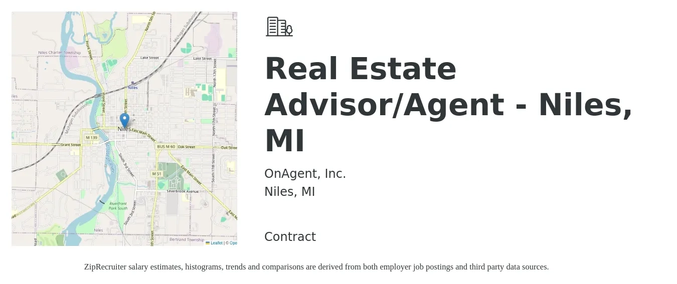 OnAgent, Inc. job posting for a Real Estate Advisor/Agent - Niles, MI in Niles, MI with a salary of $74,500 to $100,000 Yearly with a map of Niles location.