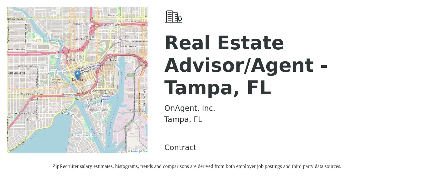 OnAgent, Inc. job posting for a Real Estate Advisor/Agent - Tampa, FL in Tampa, FL with a salary of $56,700 to $94,500 Yearly with a map of Tampa location.