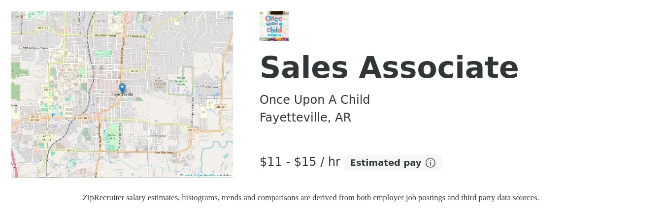 Once Upon A Child job posting for a Sales Associate in Fayetteville, AR with a salary of $12 to $16 Hourly with a map of Fayetteville location.