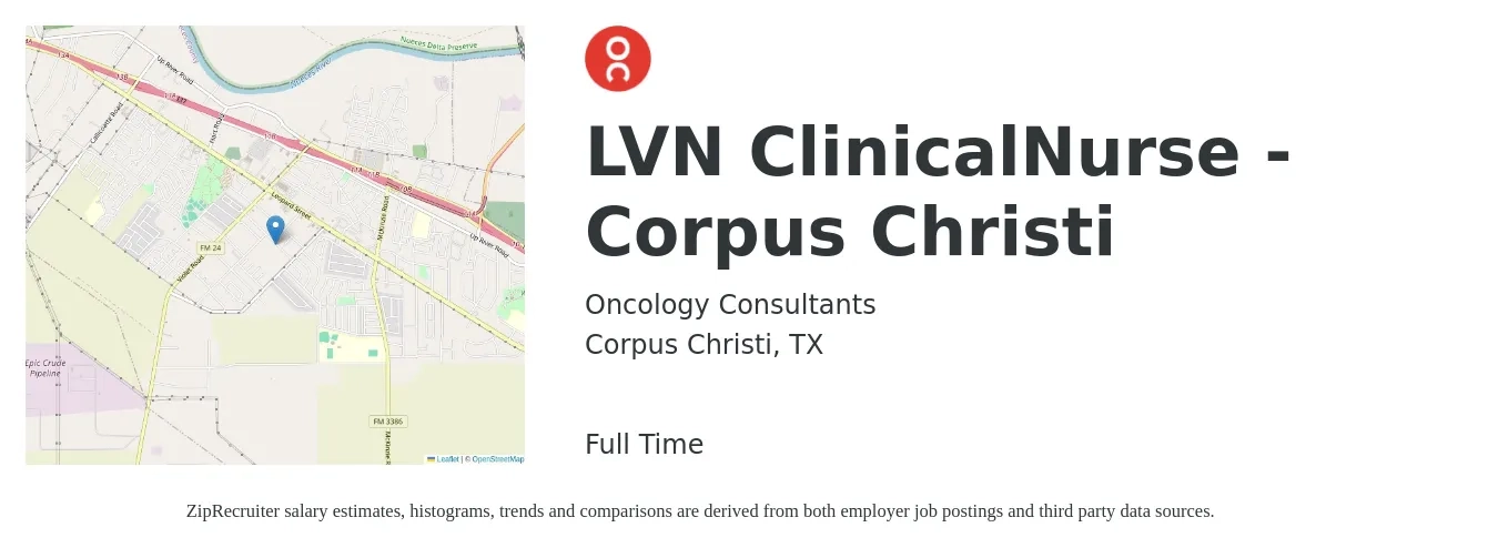 Oncology Consultants job posting for a LVN ClinicalNurse - Corpus Christi in Corpus Christi, TX with a salary of $22 to $29 Hourly with a map of Corpus Christi location.