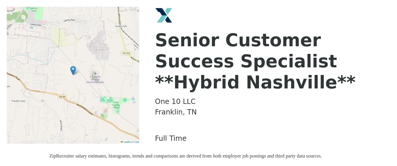 One 10 LLC job posting for a Senior Customer Success Specialist **Hybrid Nashville** in Franklin, TN with a salary of $17 to $24 Hourly with a map of Franklin location.