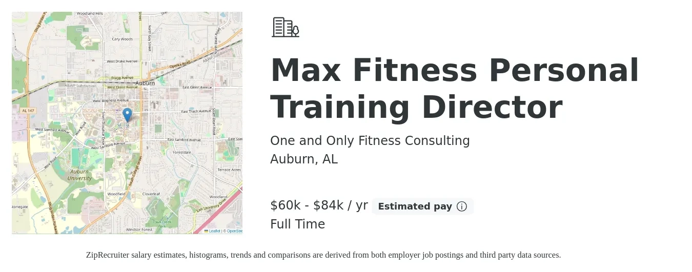 One and Only Fitness Consulting job posting for a Max Fitness Personal Training Director in Auburn, AL with a salary of $60,000 to $84,000 Yearly with a map of Auburn location.