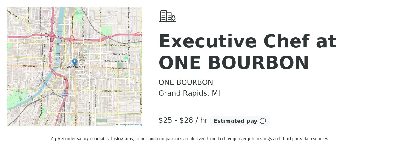 ONE BOURBON job posting for a Executive Chef at ONE BOURBON in Grand Rapids, MI with a salary of $26 to $30 Hourly with a map of Grand Rapids location.