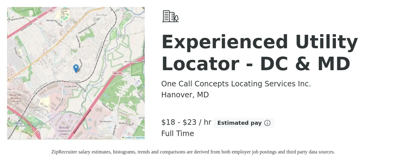 One Call Concepts Locating Services Inc. job posting for a Experienced Utility Locator - DC & MD in Hanover, MD with a salary of $19 to $24 Hourly with a map of Hanover location.