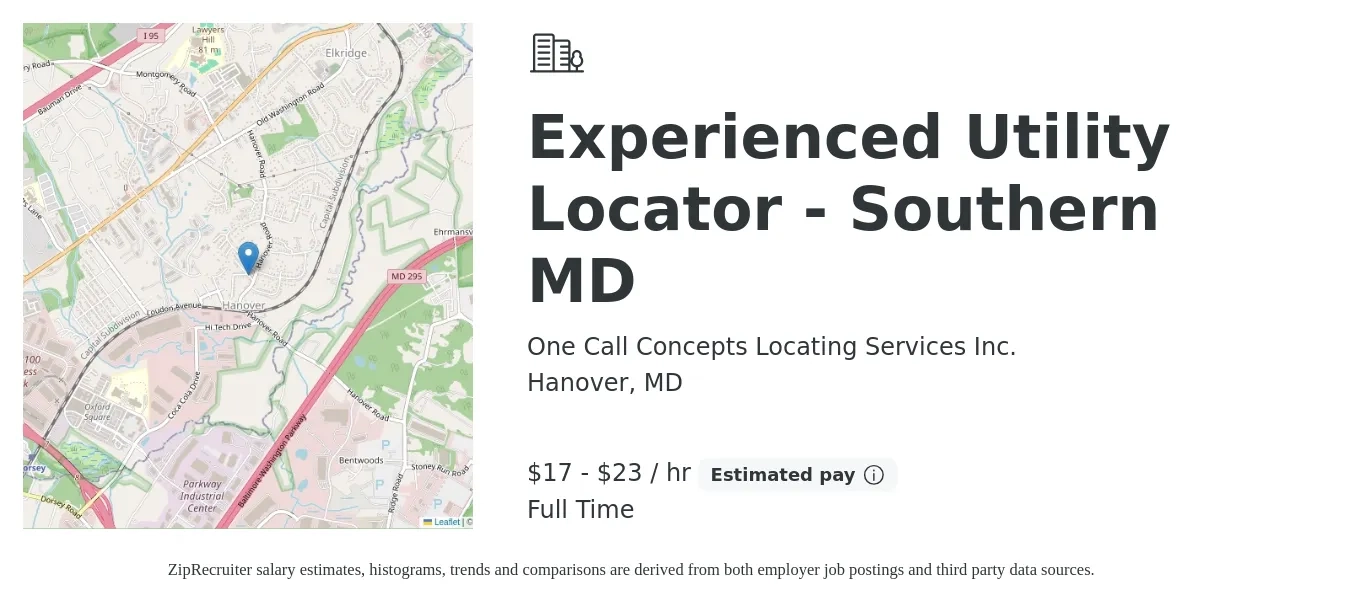 One Call Concepts Locating Services Inc. job posting for a Experienced Utility Locator - Southern MD in Hanover, MD with a salary of $18 to $24 Hourly with a map of Hanover location.