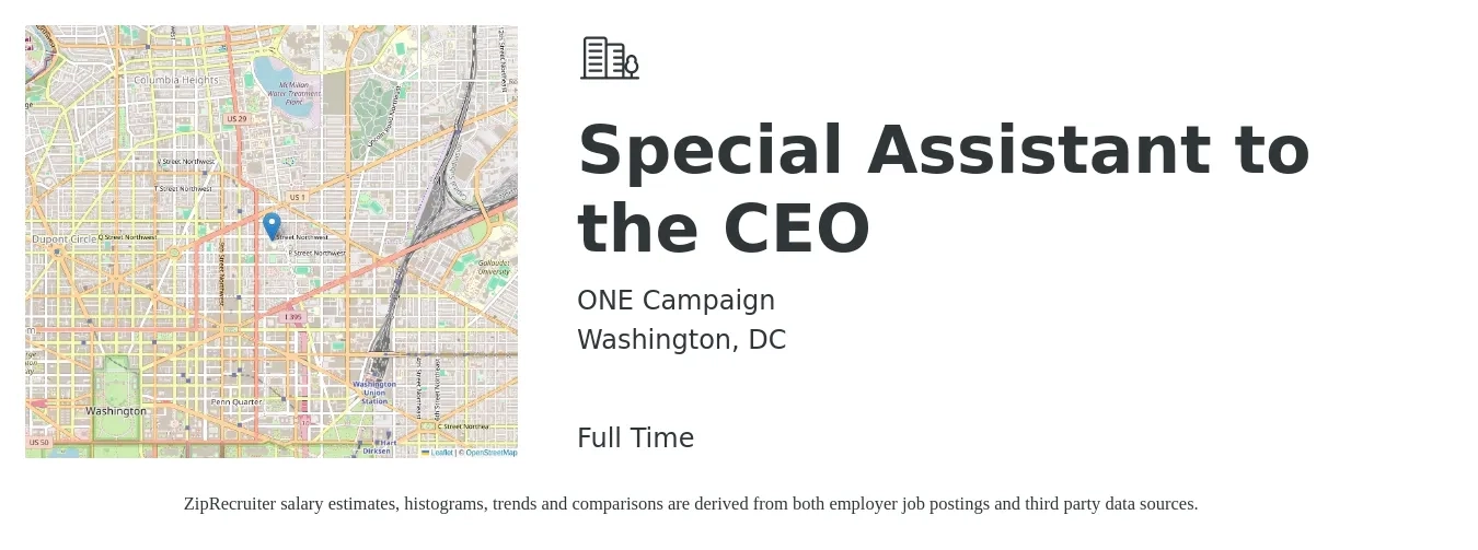 ONE Campaign job posting for a Special Assistant to the CEO in Washington, DC with a salary of $61,700 to $113,300 Yearly with a map of Washington location.
