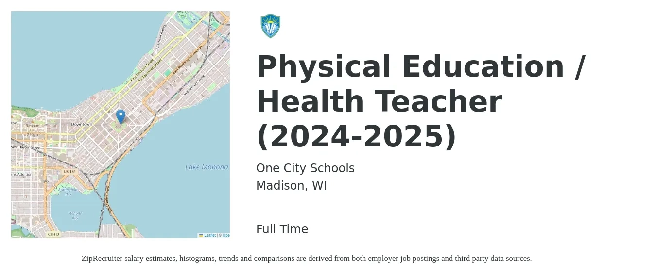 One City Schools job posting for a Physical Education / Health Teacher (2024-2025) in Madison, WI with a salary of $45,400 to $61,500 Yearly with a map of Madison location.