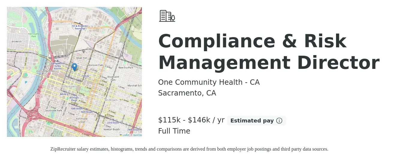 One Community Health - CA job posting for a Compliance & Risk Management Director in Sacramento, CA with a salary of $115,875 to $146,548 Yearly with a map of Sacramento location.