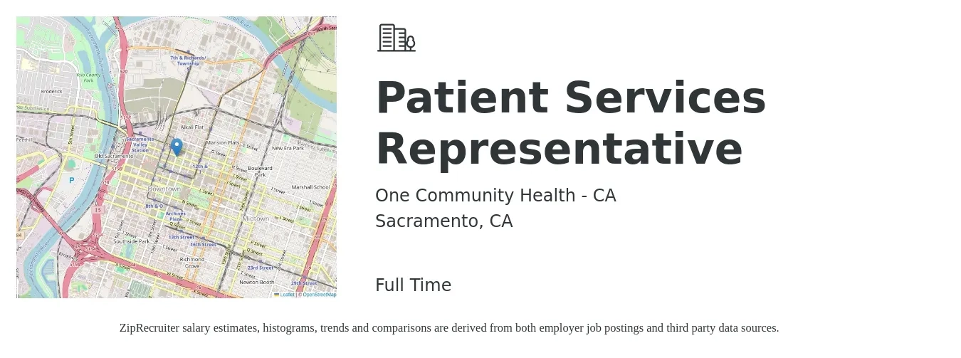One Community Health - CA job posting for a Patient Services Representative in Sacramento, CA with a salary of $22 to $28 Hourly with a map of Sacramento location.