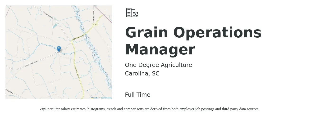 One Degree Agriculture job posting for a Grain Operations Manager in Carolina, SC with a salary of $33,900 to $72,500 Yearly with a map of Carolina location.