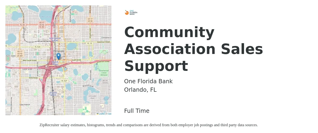 One Florida Bank job posting for a Community Association Sales Support in Orlando, FL with a salary of $15 to $20 Hourly with a map of Orlando location.