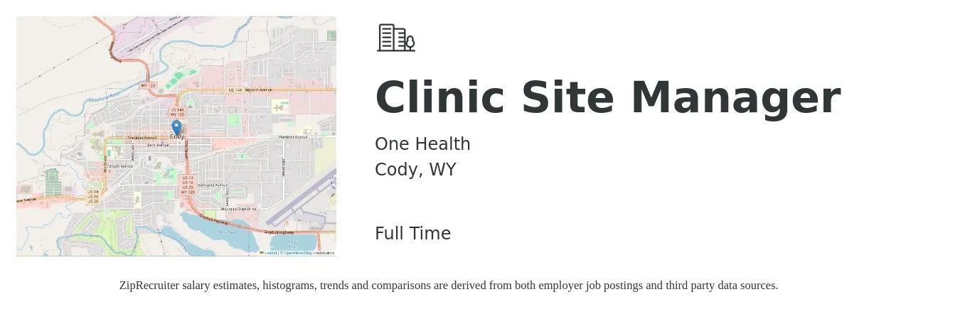 One Health job posting for a Clinic Site Manager in Cody, WY with a salary of $74,880 to $80,246 Yearly with a map of Cody location.
