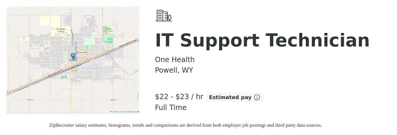 One Health job posting for a IT Support Technician in Powell, WY with a salary of $23 to $24 Hourly with a map of Powell location.