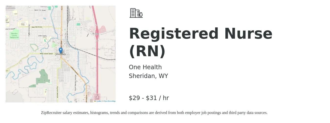 One Health job posting for a Registered Nurse (RN) in Sheridan, WY with a salary of $30 to $32 Hourly with a map of Sheridan location.