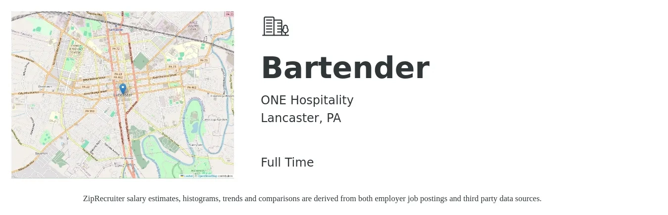 One Hospitality job posting for a Bartender in Lancaster, PA with a salary of $10 to $18 Hourly with a map of Lancaster location.