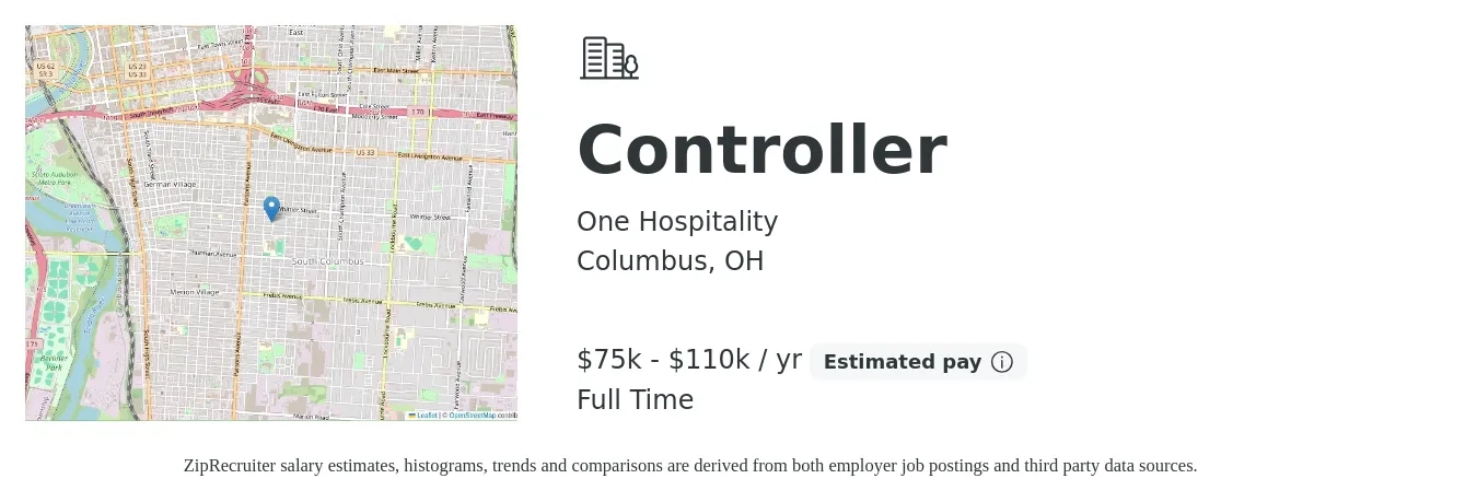 One Hospitality job posting for a Controller in Columbus, OH with a salary of $75,000 to $110,000 Yearly with a map of Columbus location.