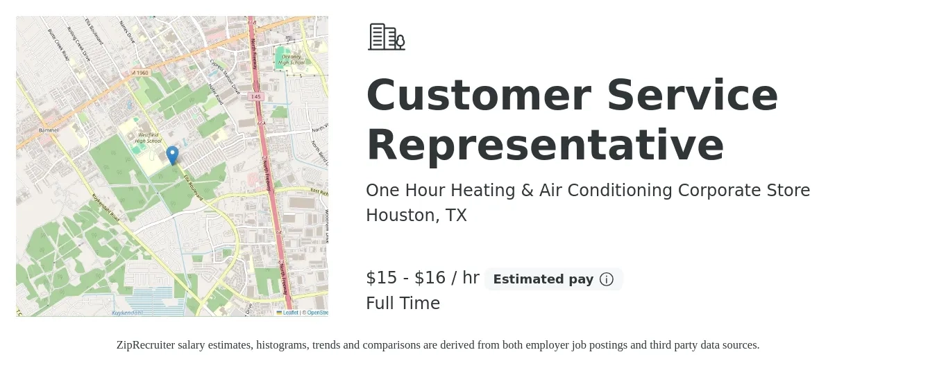 One Hour Heating & Air Conditioning Corporate Store job posting for a Customer Service Representative in Houston, TX with a salary of $16 to $17 Hourly with a map of Houston location.